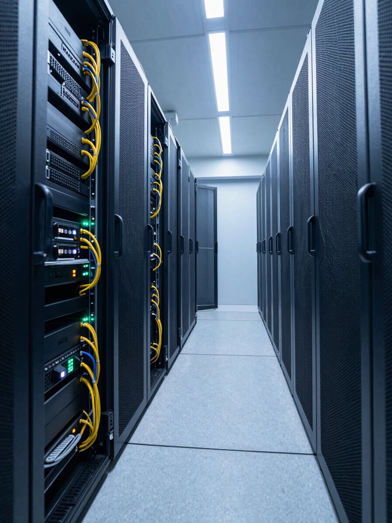 Wide environmental shot looking down a corridor of server racks under cold clinical blue-white light, cables bundled with precision, status LEDs glowing along the left edge, deep perspective drawing the eye inward