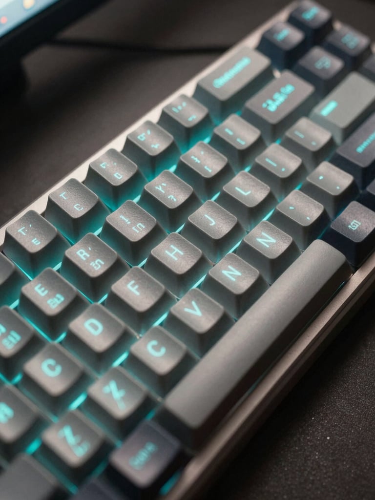 Extreme close-up overhead shot of a mechanical keyboard with terminal code reflected on keycaps, soft cyan glow from a monitor just off-frame, sharp focus on the central keys, dark matte desk surface surrounding