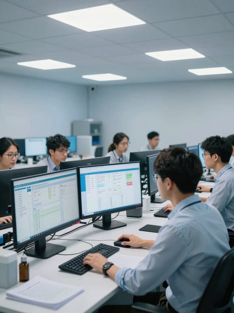 Wide environmental shot of a healthtech engineering team mid-focus at standing desks, large monitors showing clinical data dashboards, cool blue-white studio light from ceiling panels, no eye contact with camera, shot from behind and to the side