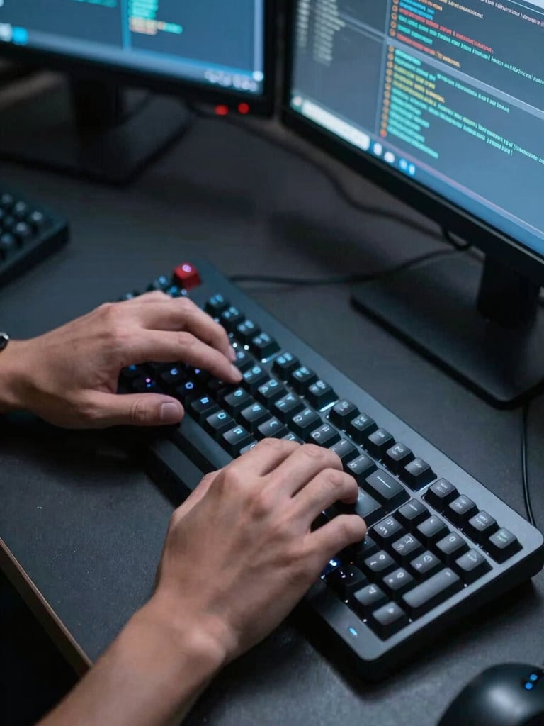 Extreme close-up overhead angle of two engineers' hands on a mechanical keyboard at a workstation, dual monitors casting cool blue light across a dark desk surface, terminal windows visible mid-scroll, no faces in frame