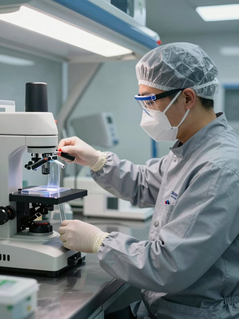 Branded biosafety technician in clean gray uniform placing precise gel barriers in a modern kitchen, bright clinical lighting, focus on equipment.