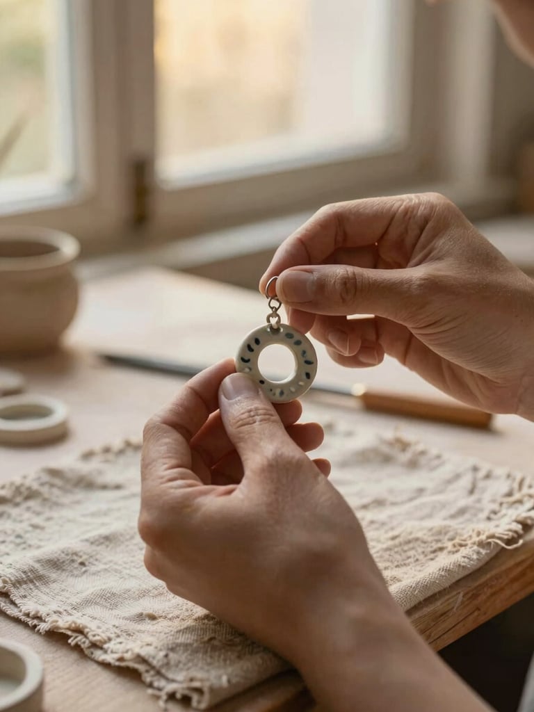 Portrait of an artisan's hands carefully inspecting a finished, glazed stoneware earring on a textured linen cloth in a sunlit studio, soft golden-hour window light, rich earthy tones, high-texture ceramic detail, shallow depth of field.