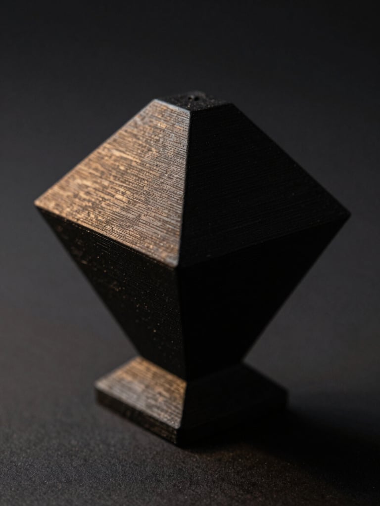 Dramatic low-key close-up of a highly detailed matte black 3D printed geometric sculpture, sharp side key light highlighting textures, dark graphite background, cinematic depth of field.