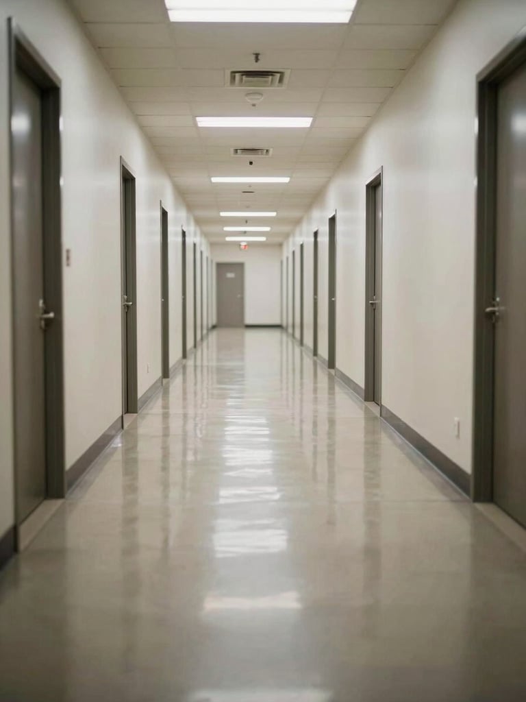 Wide interior shot of a long commercial building corridor in perfect order — polished floor reflecting overhead fluorescent light, no people, doors closed, every surface immaculate, shot from low angle to emphasize floor clarity and depth of field