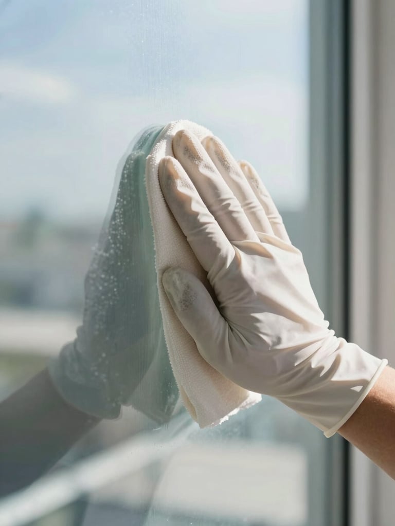 Extreme close-up of a gloved hand wiping a large glass facade panel, daylight from outside casting sharp reflections on the clean surface, no smudges, clinical north-facing indoor light, documentary framing emphasizing surface clarity