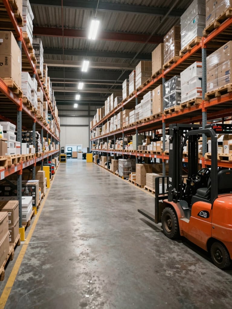 Panoramic interior of a large modern warehouse, organized pallet racks receding into the distance under bright overhead lighting, forklift paths marked on the floor, no posed workers