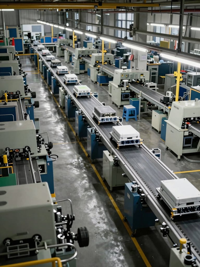 Wide overhead view of a factory production floor, rows of machinery and partially assembled products on conveyor lines, even fluorescent lighting, no workers posed