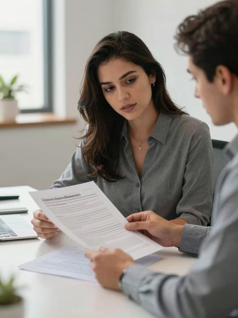 A professional and calm office interior in Colombia, focused clinical psychologist reviewing structured documents on a clean table, soft natural light.
