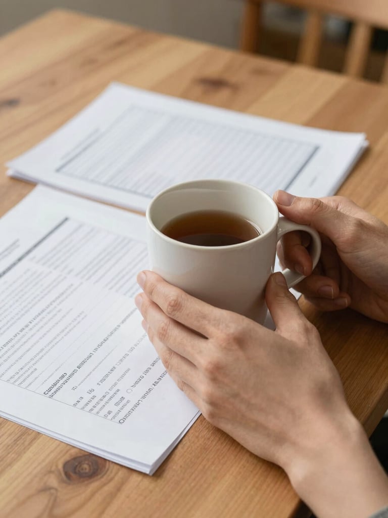 Hands holding a warm ceramic mug on a wooden table beside neatly organized financial papers in a softly lit domestic setting.