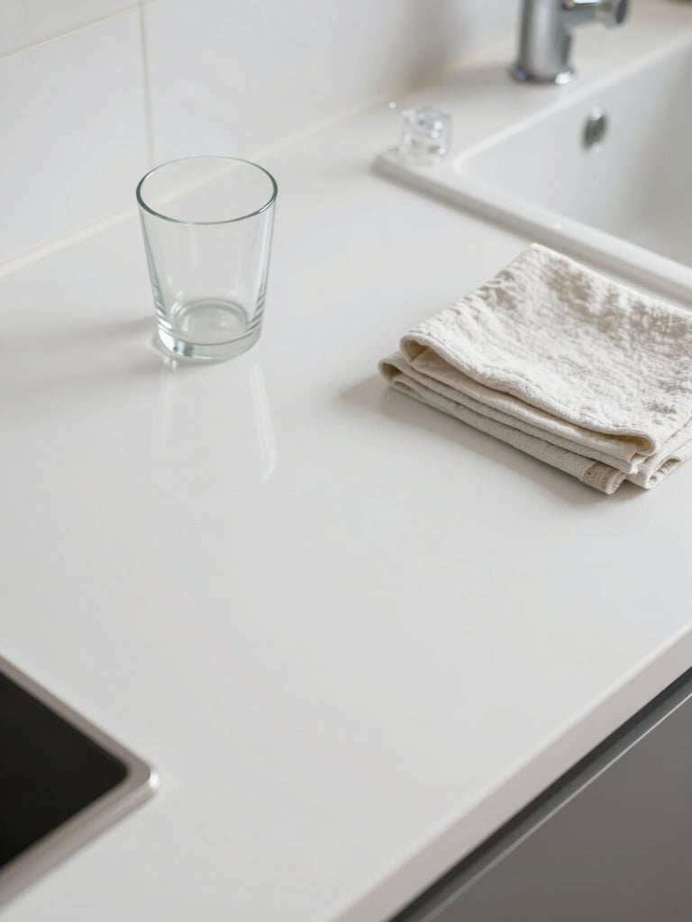 Close-up overhead composition of a spotless kitchen counter with organized minimal items — a single glass, folded cloth, and clear fixture — under bright diffused natural daylight, no people, clean white surface
