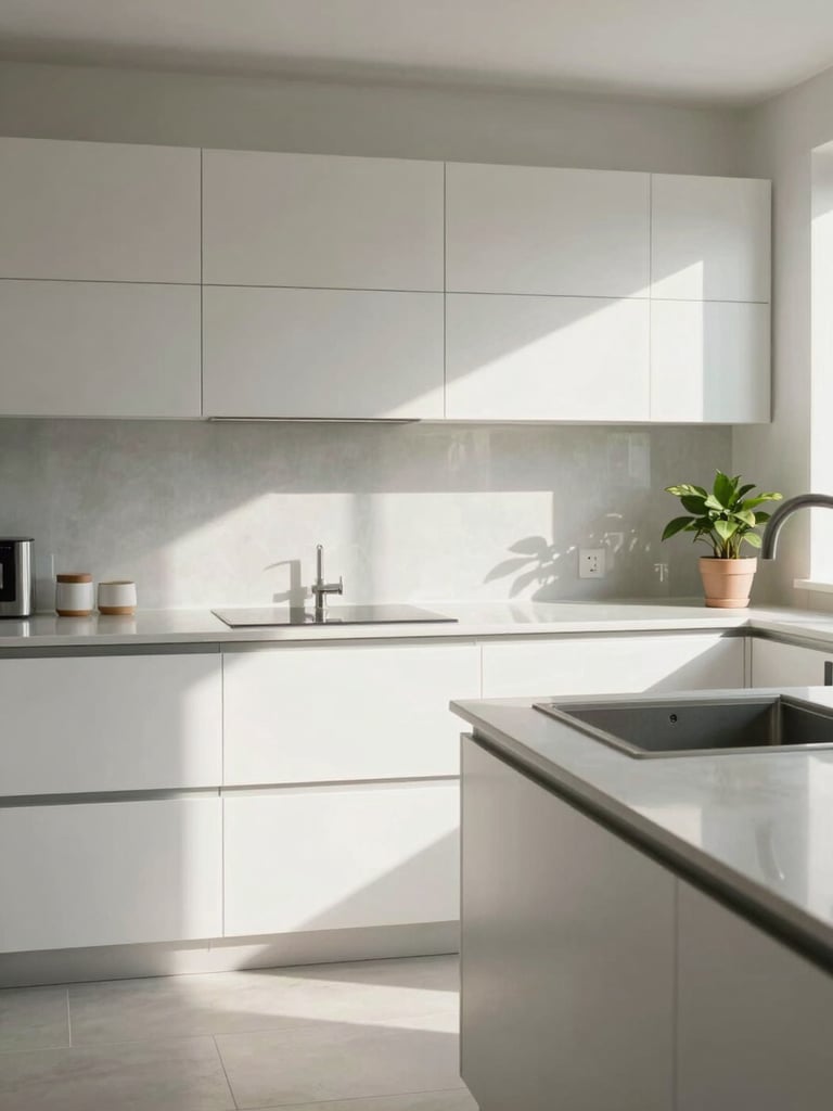 Wide environmental shot of a spotless modern kitchen counter under bright natural daylight, organized surfaces completely clear, a single potted plant to the far right, generous negative space to the left, calm and unhurried atmosphere