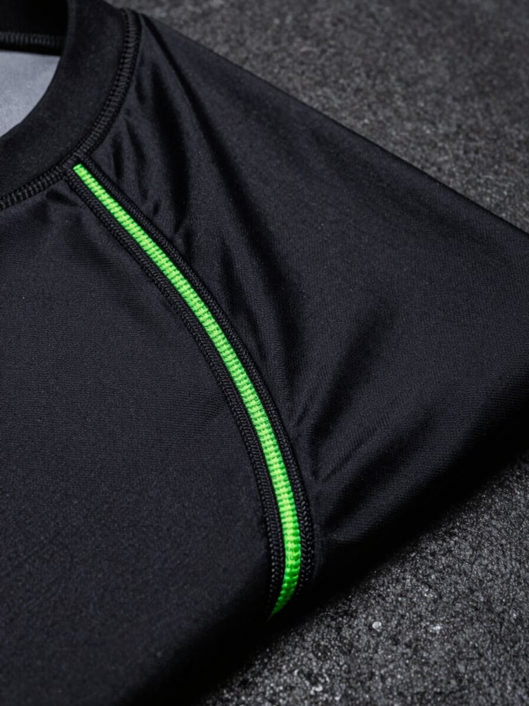 Tight macro shot of reinforced stitching on a black MMA rashguard fabric, extreme close-up, neon-green thread details, high-contrast studio lighting