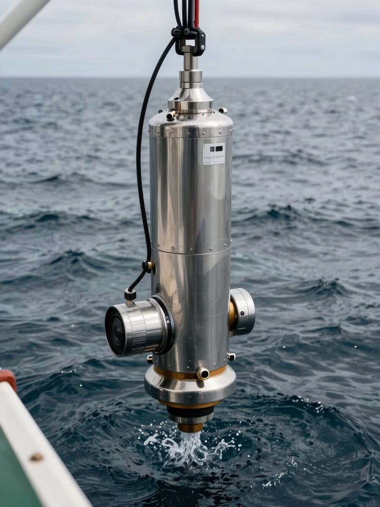 Close-up of a CTD oceanographic probe being lowered into dark coastal water from a vessel deck, stainless steel instrument gleaming under overcast daylight, cable taut, sea surface visible below