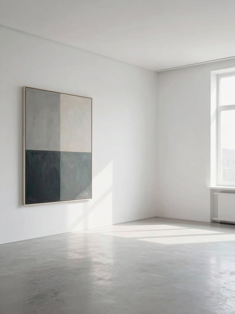 Wide studio interior, north-facing daylight flooding bare white walls, a single large-format artwork mounted at human scale on the left third, generous empty floor and wall space to the right, flat even light, no shadows