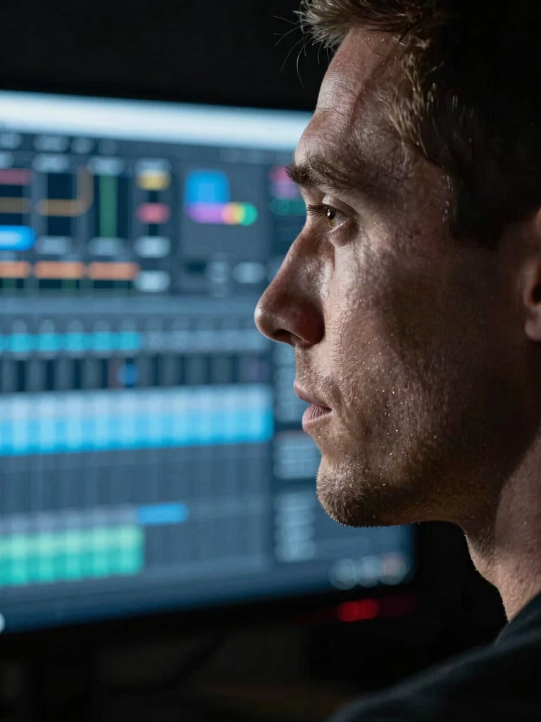 Extreme close-up cinematic frame of a male video producer at a color grading monitor, face half in shadow, the screen's cold blue light cutting hard across one cheekbone — tight crop, only face and one shoulder visible, deep black background, no detail behind him, high-contrast tungsten edge light from left creating a sharp rim on the jaw