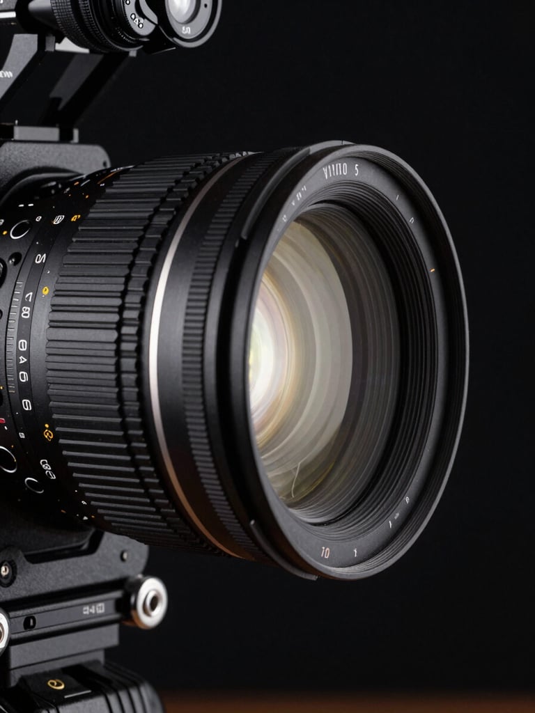 Extreme close-up, left-side bleed: a cinema camera lens in sharp foreground, tungsten light raking across the barrel from the left, deep black background swallowing the right edge — no person visible, just the machine and the hard shadow it casts