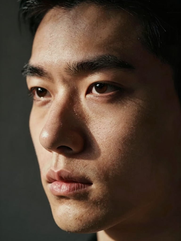 Extreme close-up cinematic portrait, subject's face lit from hard side light casting deep shadow across half the face, dark studio background, high-contrast tungsten warmth on skin, tight crop showing jaw to brow, no catchlight in shadow eye, dramatic and precise
