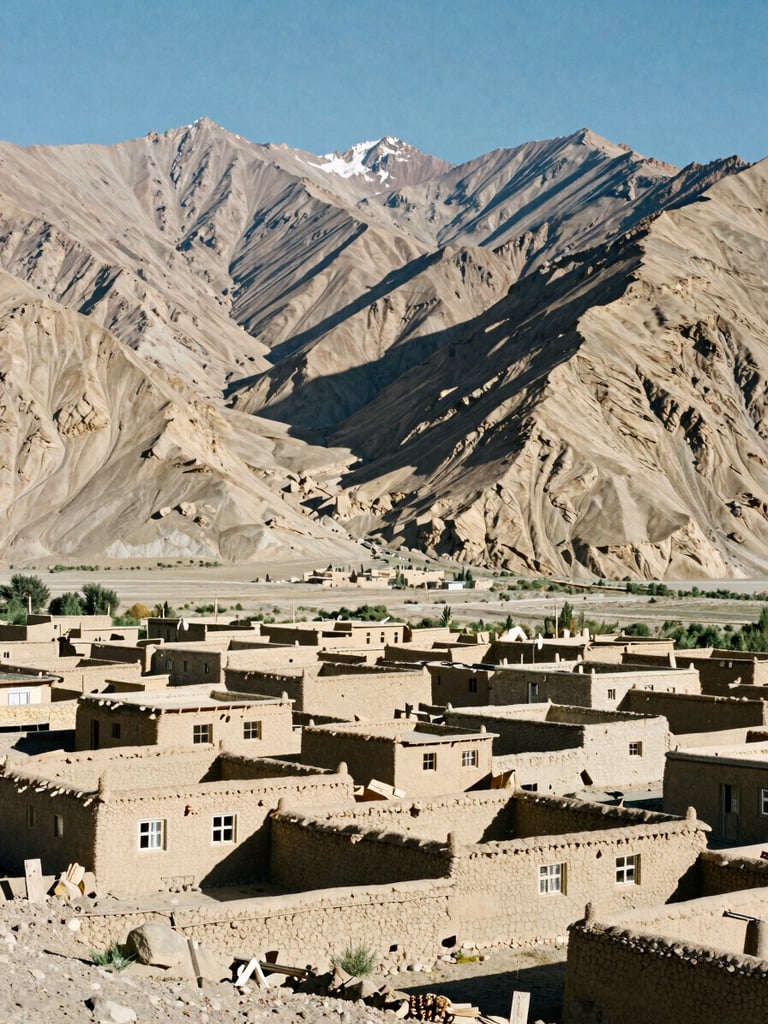 An environmental landscape of a remote village in the Wakhan Corridor, mud-brick homes nestled against towering, dry Pamir mountains, harsh high-altitude sunlight casting long shadows, documentary film photography.