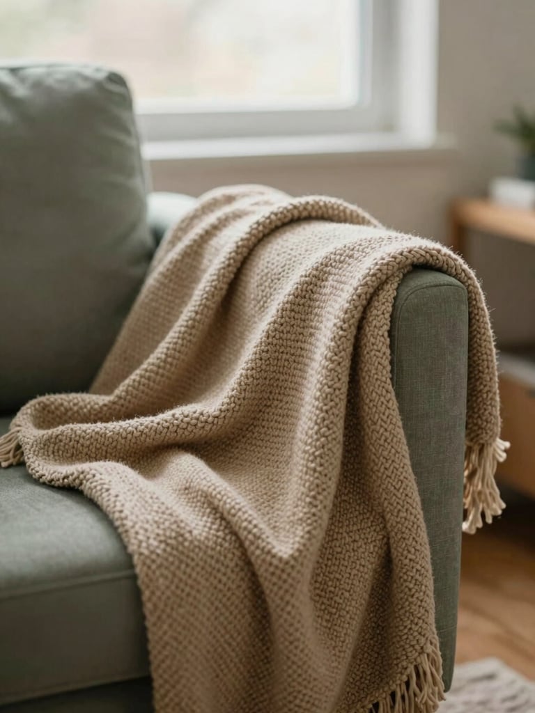 Close-up detail of a warm textured woven blanket draped over an armchair in a therapy office, soft indirect window light, shallow depth of field, warm sand and sage tones.