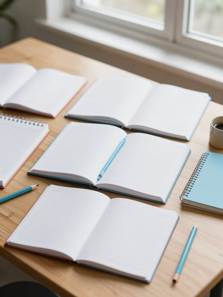 Flat-lay of open study notebooks, pencils, and educational tools on a wooden desk, soft window light, natural classroom atmosphere, clean composition