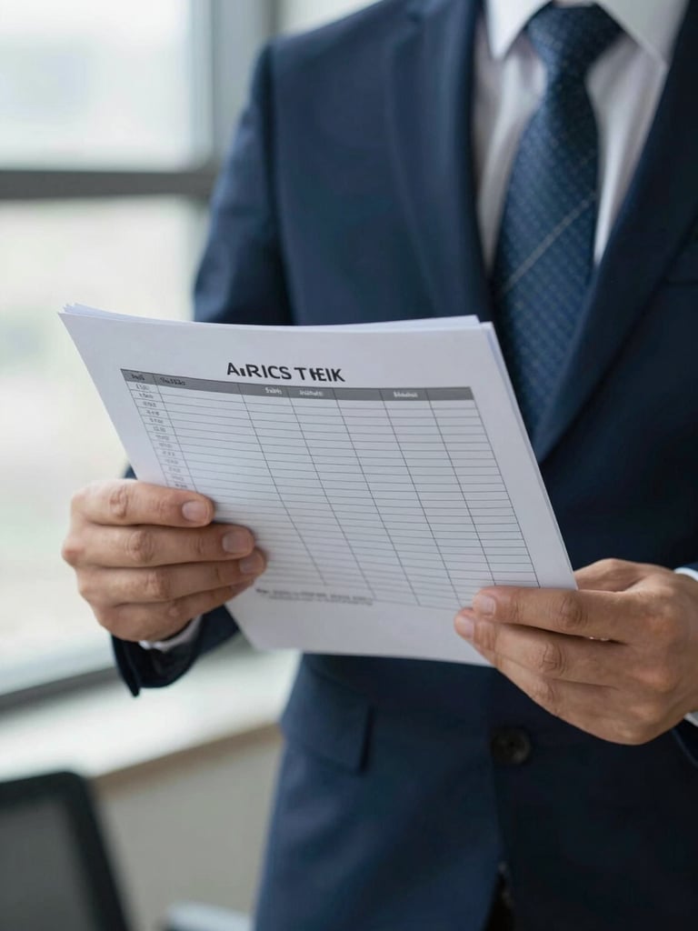 Close-up of a professional in formal attire reviewing a structured audit report, cool-toned daylight, sharp focus on paper textures