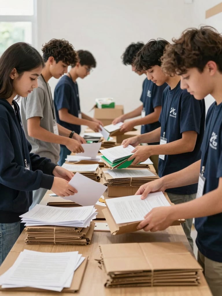 A group of local high school students sorting clean paper and cardboard packaging at a community recycling drive, bright natural daylight