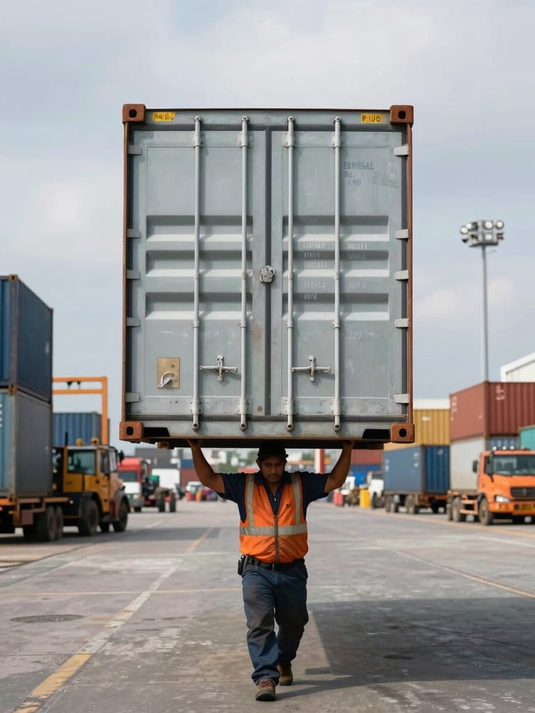 Straight-on medium shot of a heavy container handler lifting a steel shipping container in a busy Spanish port terminal, overcast maritime sky