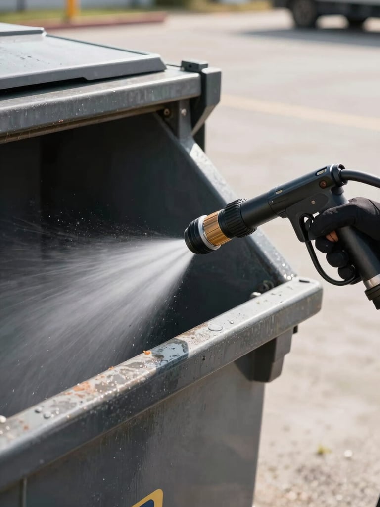 Close-up framing from the right side, high-pressure cleaning nozzle aimed into a commercial dumpster interior, cleaning spray visible mid-arc, bright afternoon outdoor light, concrete dock setting, no people visible, equipment detail sharp