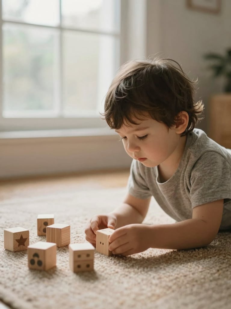 A young child playing peacefully with wooden blocks on a warm rug, soft natural daylight filtering through a window, gentle muted earth tones, authentic atmosphere.