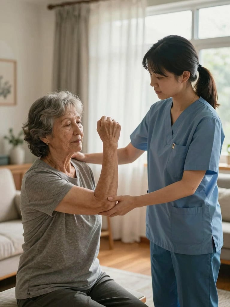 Documentary medium-shot — a female physiotherapist in professional attire guiding an elderly female patient through a gentle arm exercise in a warmly lit home living room, morning window light diffused through sheer curtains, home furnishings soft and blurred in the background, patient's expression calm and attentive
