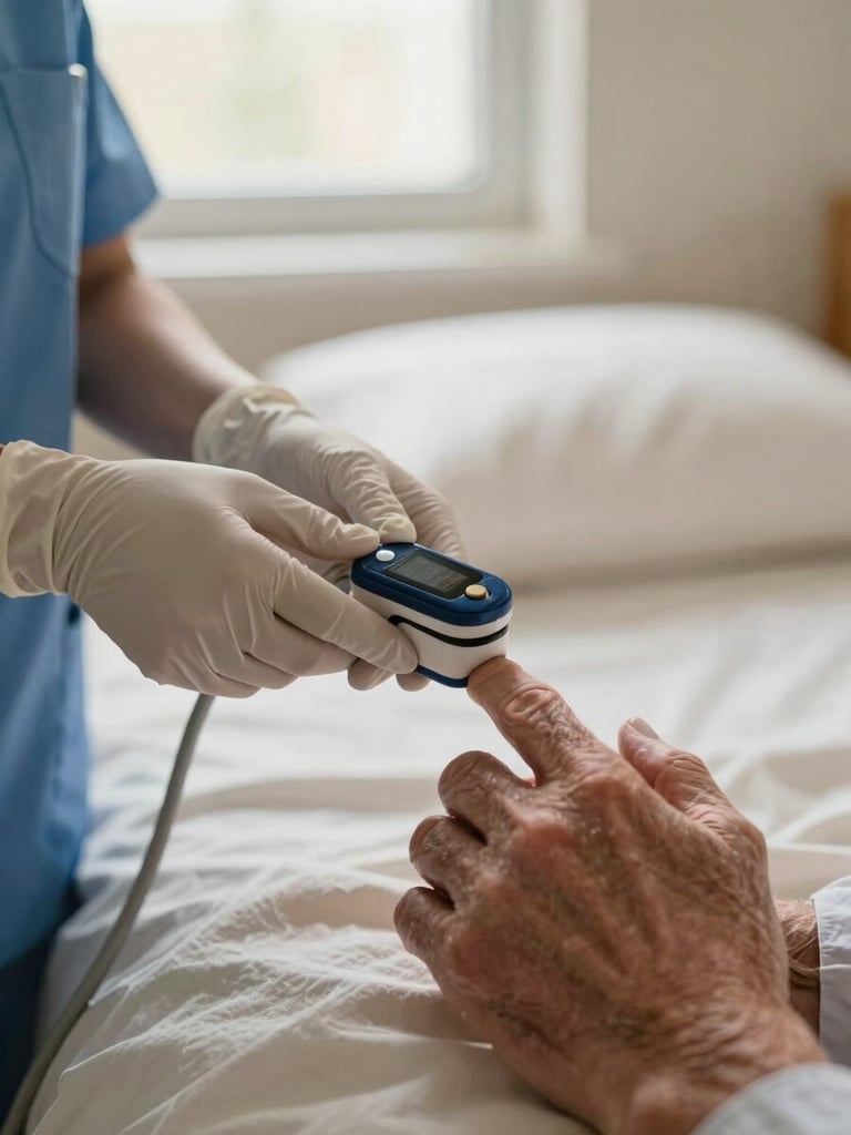 Close documentary frame — a nurse's gloved hands holding a pulse oximeter against an elderly male patient's finger, warm natural light from a bedside window, soft ivory bed linen visible in the background, shallow depth of field emphasising the clinical instrument