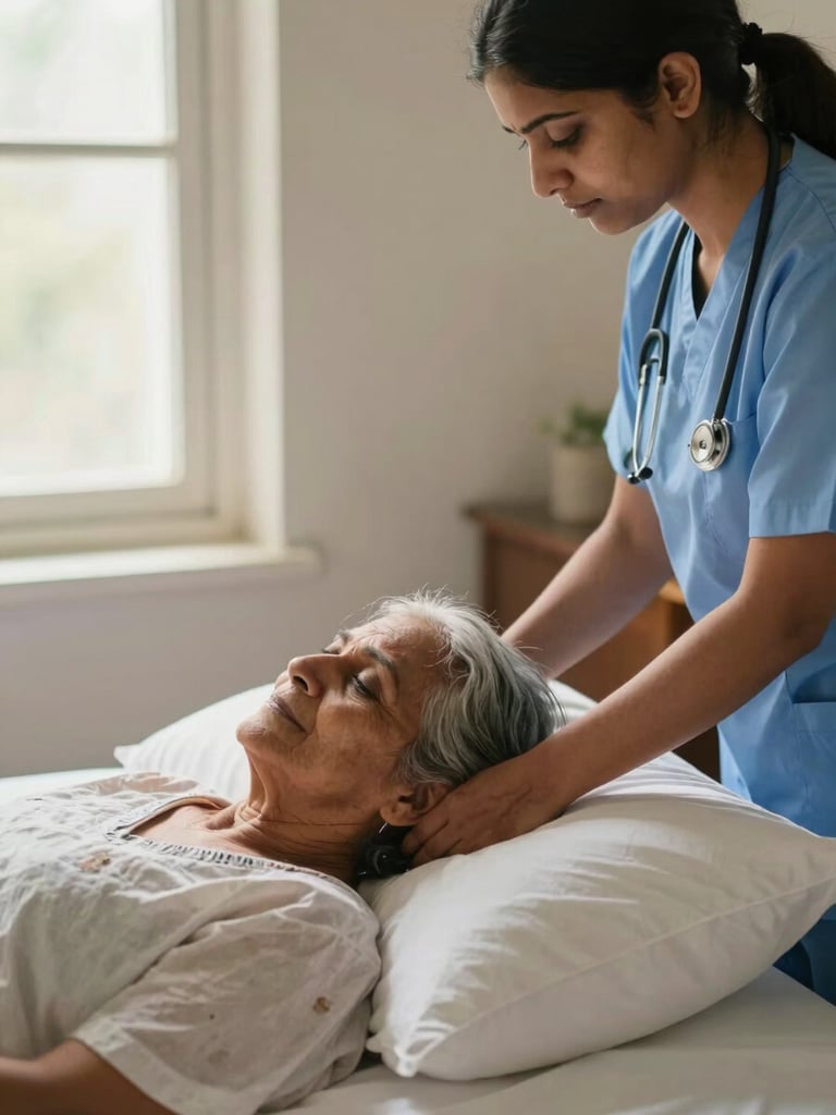 Close documentary frame, warm window light from the left, an Indian female nurse's hands gently adjusting a pillow beneath an elderly woman's head in a home bedroom, fine cotton bedding visible, soft diffused morning glow, no faces as focal point — hands and patient comfort are the subject