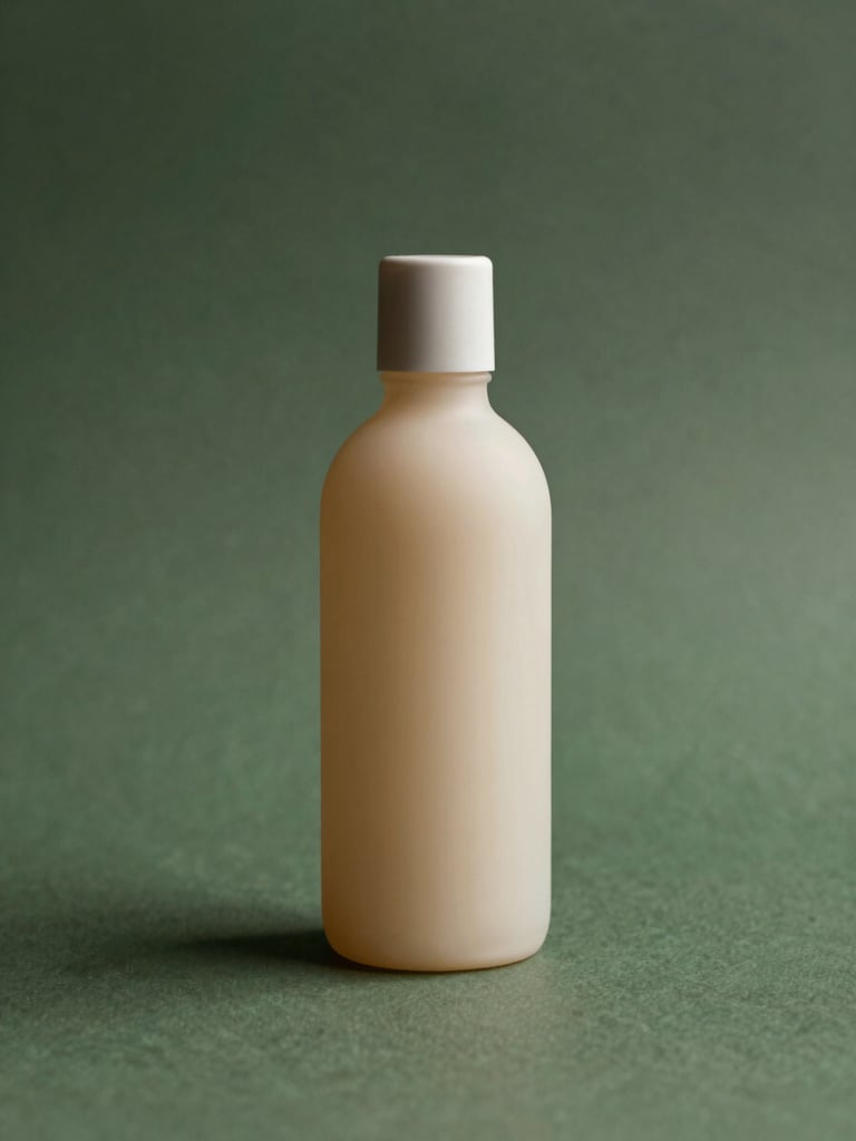Minimalist elegant glass bottle mockup casting soft shadows against a textured deep green background, shallow depth of field, warm editorial photography
