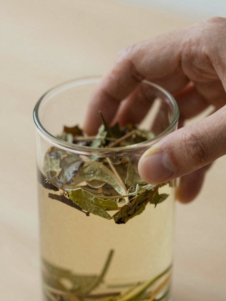Close-up macro shot of a hand preparing a traditional botanical infusion in a clean glass vessel, soft diffused daylight, warm earthy tones, shallow depth of field