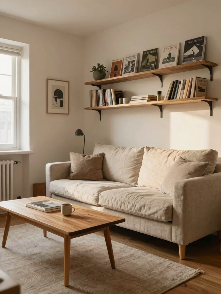 Soft morning light illuminating a compact apartment living room, a low-profile linen sofa paired with a slender oak coffee table, warm cream walls, highly organized shelving in the background, architectural digest style.