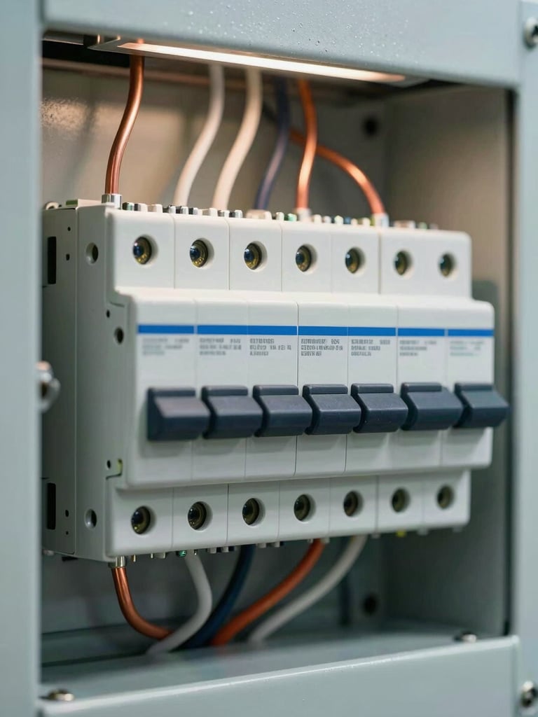 Macro shot of a clean, modern commercial breaker panel with perfectly routed, neat copper wiring under bright work lights.