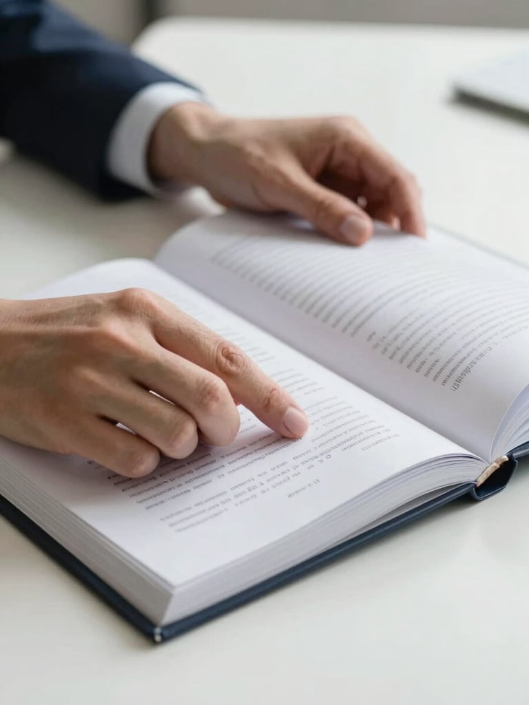 Close-up of hands turning pages of a bound financial report on a clean desk surface, overhead office lighting, no face visible, crisp and formal