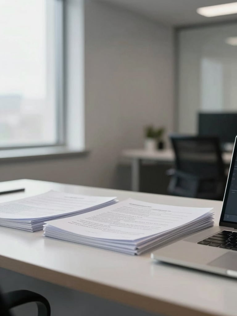 Wide shot of a professional office interior, a desk with neatly arranged documents and a closed laptop visible in the foreground, diffuse natural window light from the left, no person present, clean and austere