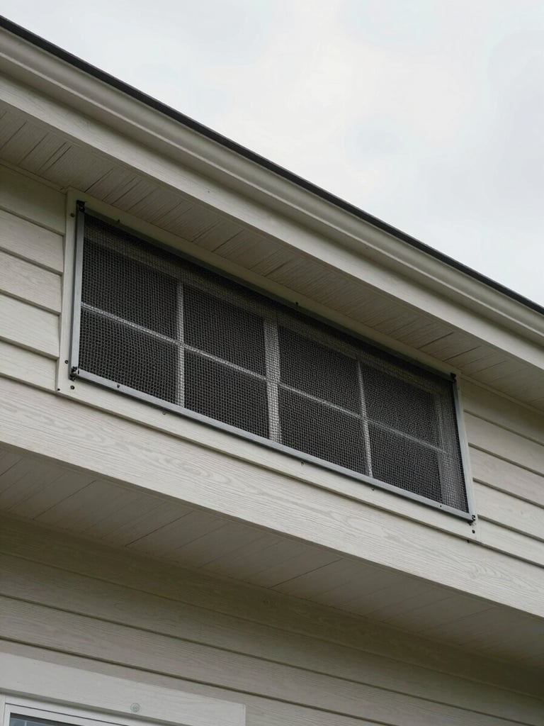 Wide shot of a sealed soffit vent on a suburban home exterior, overcast morning light, close framing on the heavy-gauge mesh fastened flush to painted wood trim, no people in frame
