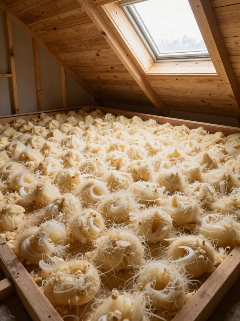 Wide environmental shot of a freshly insulated attic interior, blown-in insulation laid flat and even across floor joists, natural window light from a gable vent, no people visible, clean and orderly