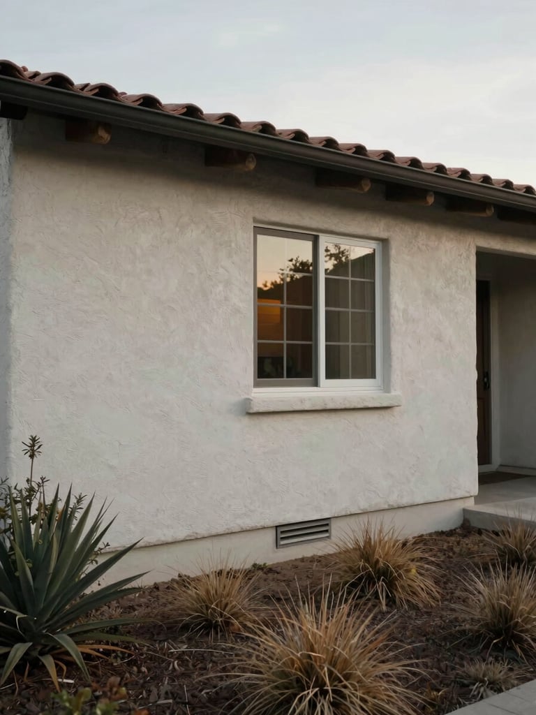 Wide shot of a stucco-sided California ranch home exterior at overcast midday, a sealed crawl space vent panel visible low on the wall, dry landscaping in foreground, muted natural light