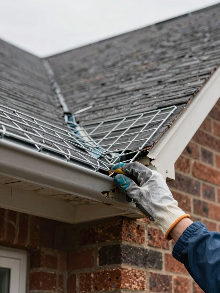 Close-up of gloved hands pressing steel mesh into a sealed roof soffit gap on a brick suburban home, overcast morning light, weathered wood trim visible at edge, clear focus on the sealed entry point