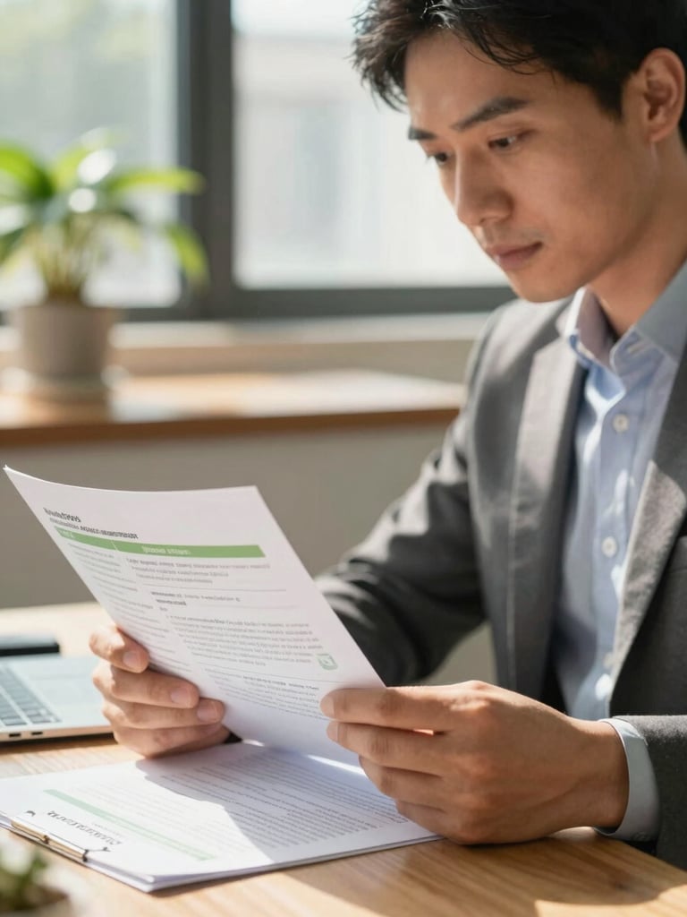 Close-up portrait of a professional agricultural advisor reviewing trade documents in a sunlit office, warm natural daylight, soft focus on organic textures, professional B2B setting.