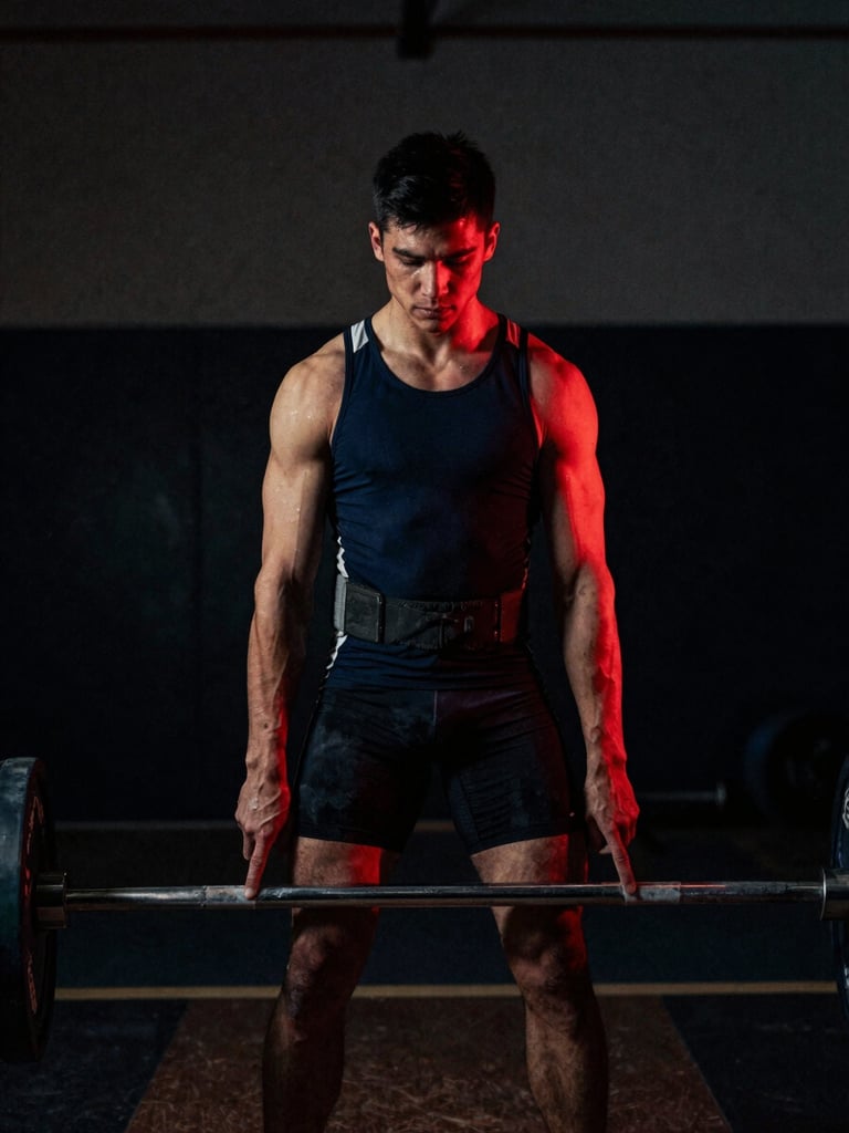 Moody athletic photography of a focused athlete preparing for a lift, low-key lighting with dramatic red highlights, dark charcoal background, 35mm film