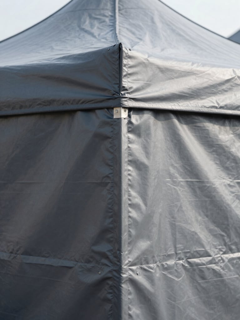 Close-up of heavy-duty double-stitch seams on a dark grey PVC tarpaulin tent, bright natural daylight, industrial commercial photography