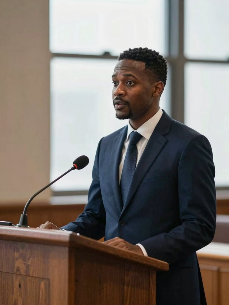 Focused portrait of a diaspora delegate speaking at a lectern in a modern civic hall, soft window light, deep navy tones, classic editorial composition.