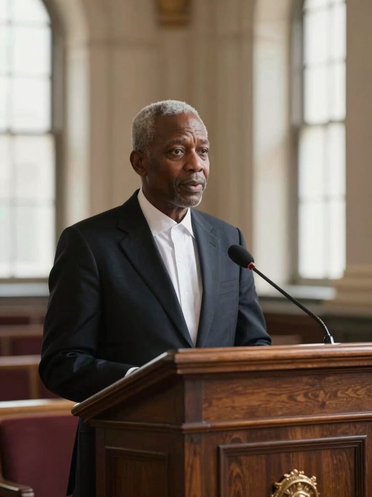 Dignified editorial portrait of a diaspora delegate speaking from a lectern in a historic civic hall, warm soft lighting, classic composition.