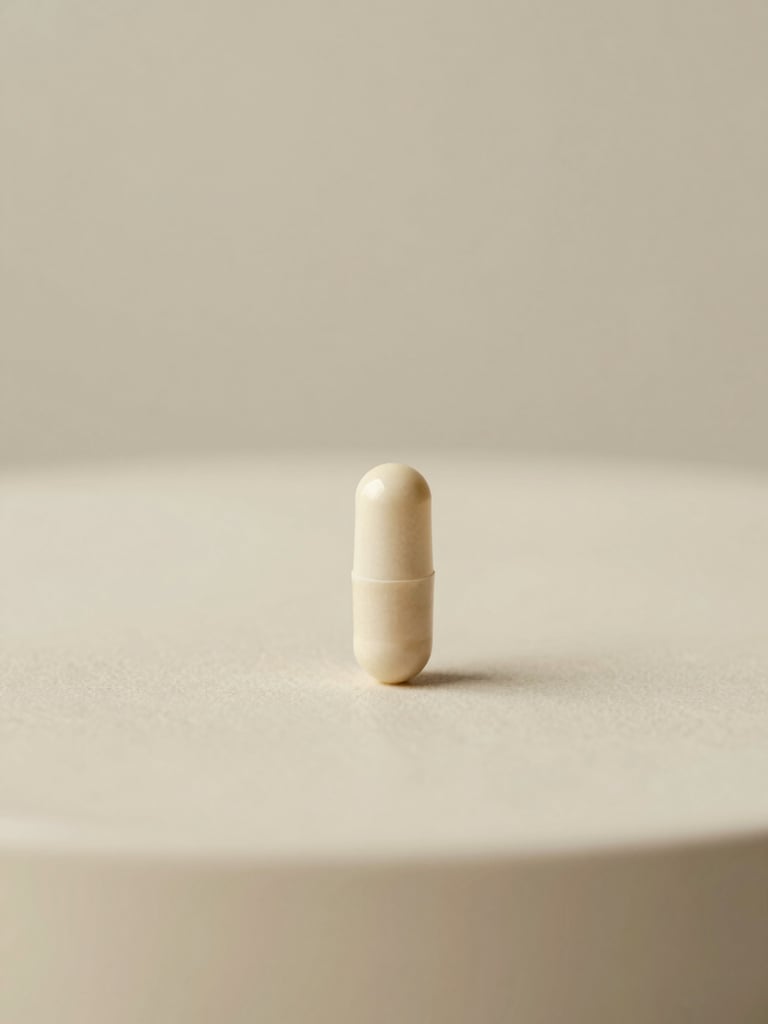 A single clean capsule standing upright on a smooth, warm cream ceramic surface, soft side lighting, minimalist composition