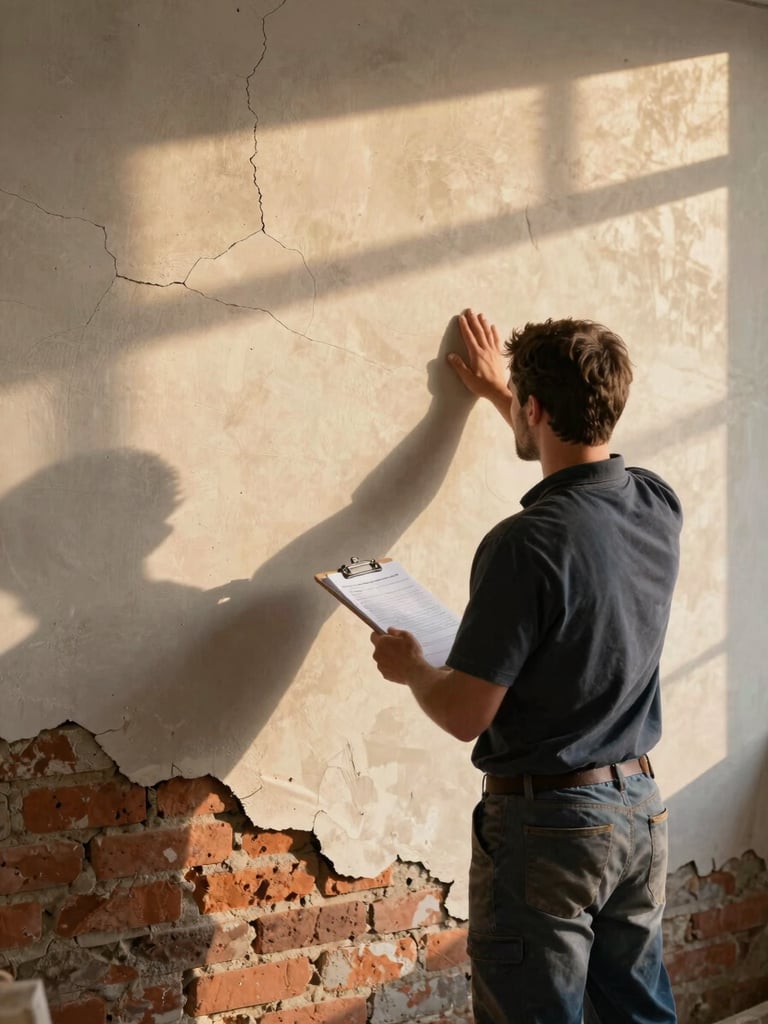 Wide environmental shot of an artisan assessing a rough exterior wall, clipboard at side, late afternoon sun casting warm raking light across cracked render and exposed brick, no portrait — back to camera, active work posture
