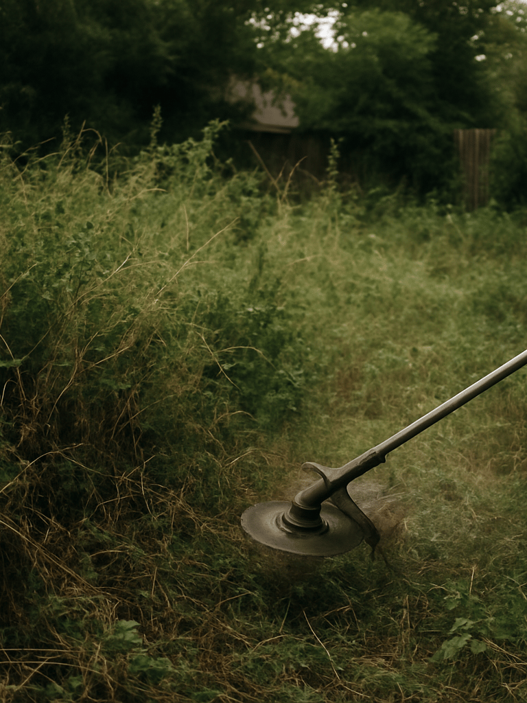 Close documentary framing of a severely overgrown suburban backyard—waist-high weeds and tangled brush in the left half of the frame, a commercial brush cutter mid-stroke visible at the right edge, natural overcast daylight, rich green and brown tones, no people visible
